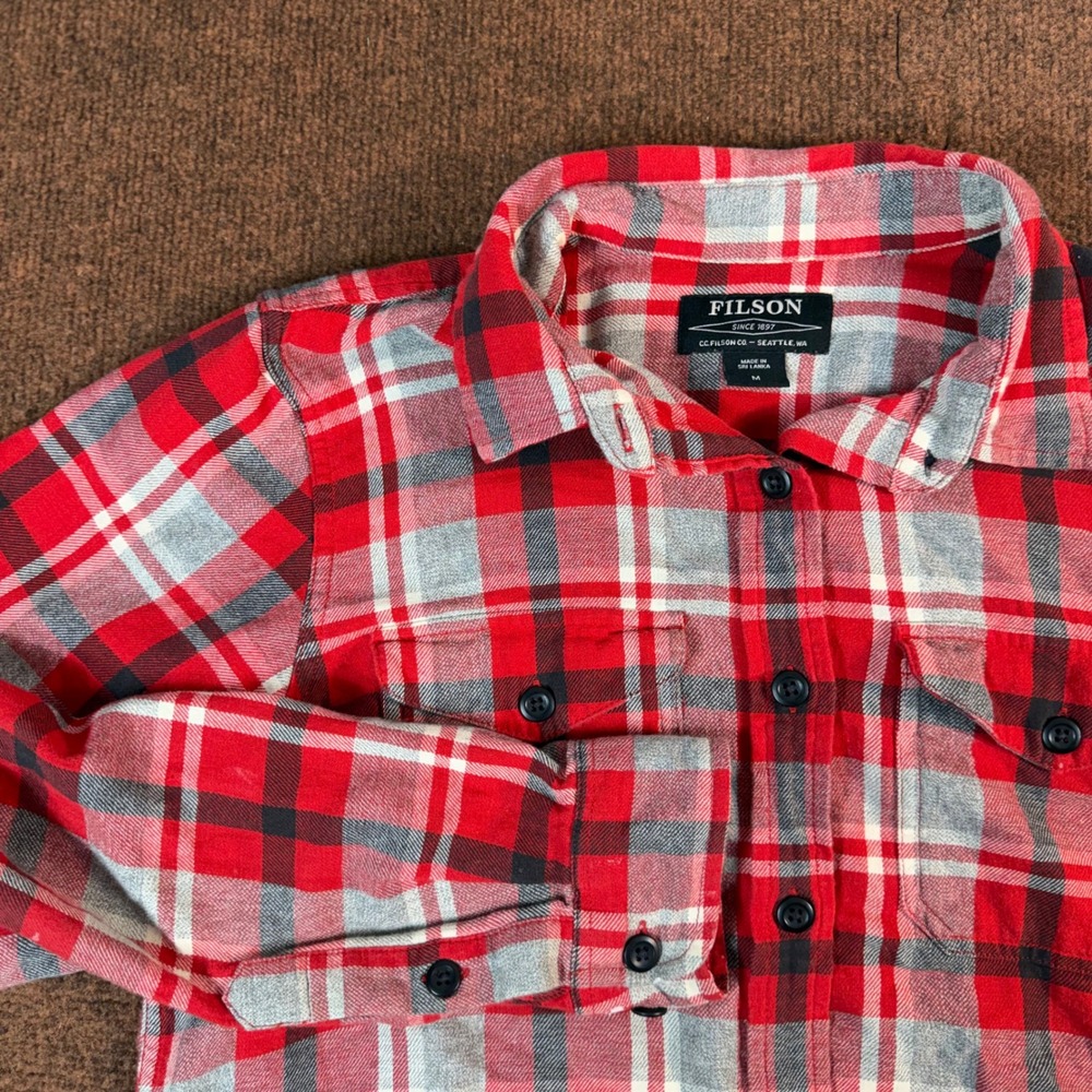 Filson Plaid Flannel Button Down Shirt Womens Medium Red Grey Workwear Outdoor